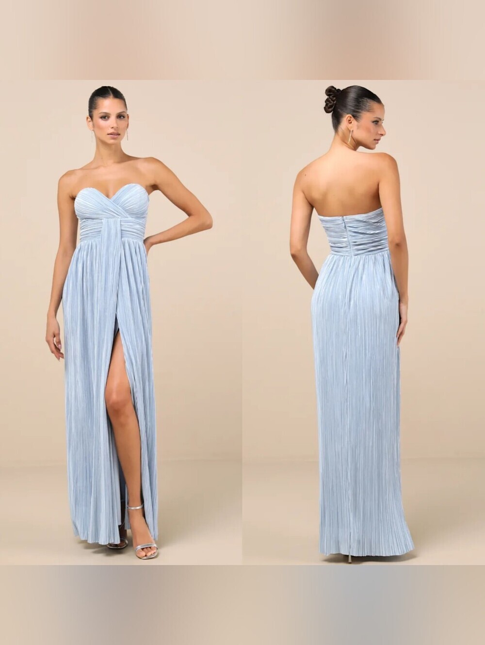 Lulus Oswin Light Blue Satin Plisse Strapless Maxi Dress Wedding Party Formal
